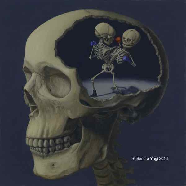 Skull with Boxing Twins, oil on panel, 20x20, 2016