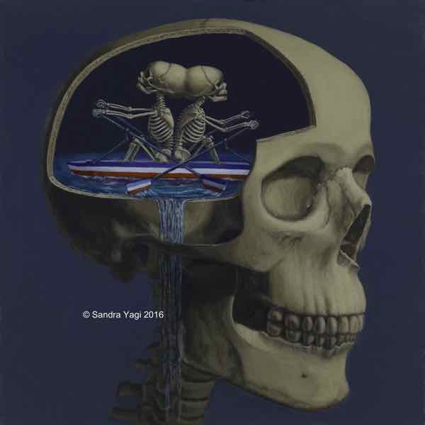 Skull with Rowing Twins Twins, oil on panel, 20x20, 2016