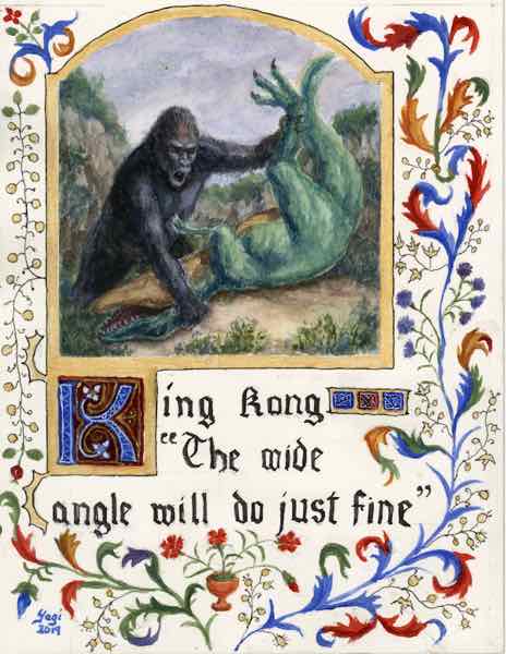 King Kong vs T Rex, watercolor, acrylic and ink on Arches, 9.25x7, 2019