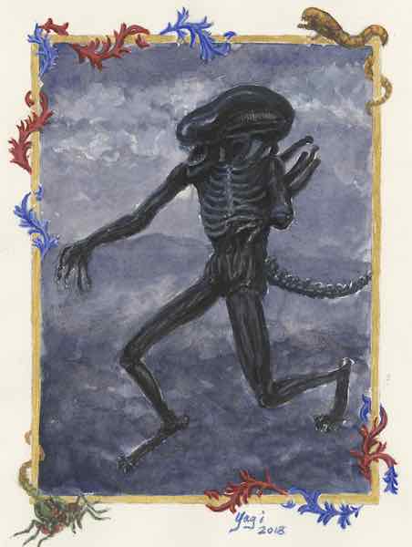 Alien, watercolor, acrylic and ink on Arches, 9.25x7, 2018