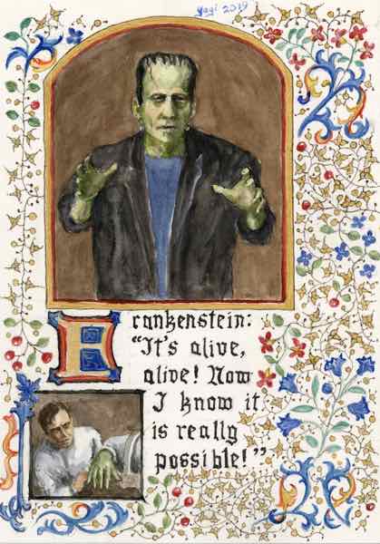 Frankenstein, watercolor, acrylic and ink on Arches, 10x7, 2019
