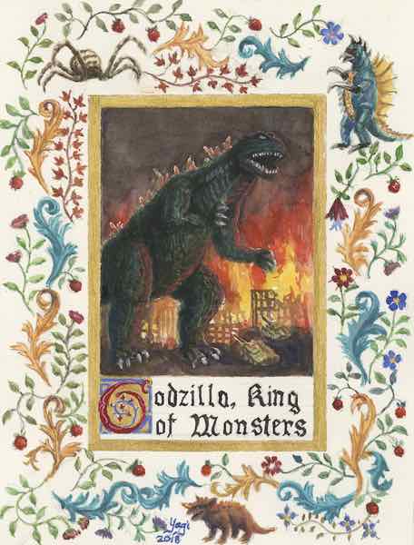 Godzilla, watercolor, acrylic and ink on Arches, 9.25x7, 2018