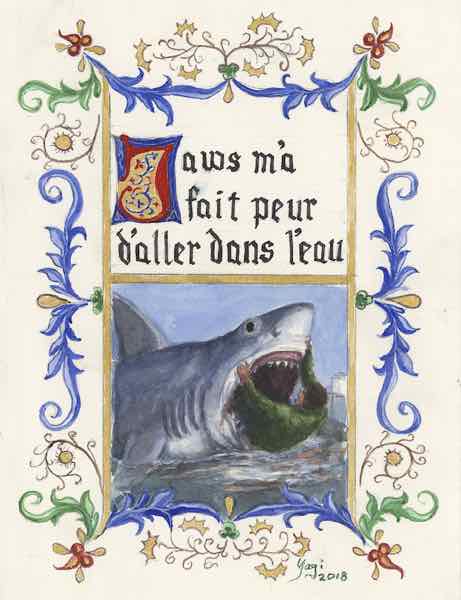 Jaws, watercolor, acrylic and ink on Arches, 9.25x7, 2018