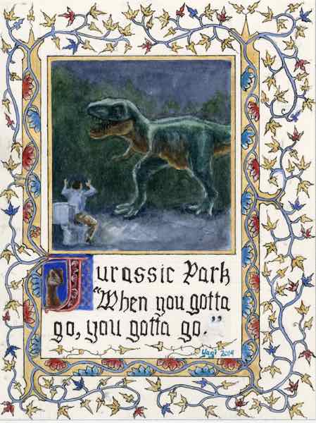 Jurassic Park, watercolor, acrylic and ink on Arches, 9.25x7, 2019