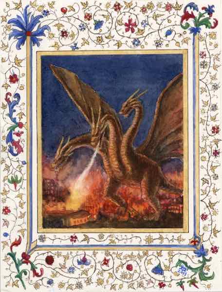 King Ghidorah, watercolor, acrylic and ink on Arches, 9.25x7, 2019