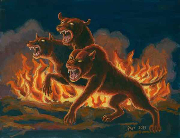 Cerberus, 8x10, gouache on paper, 2023