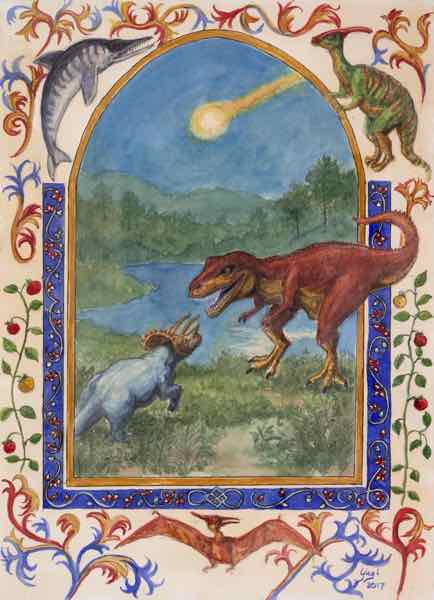 T Rex Illum Manuscript, 14x10, watercolor and acrylic on paper 2017